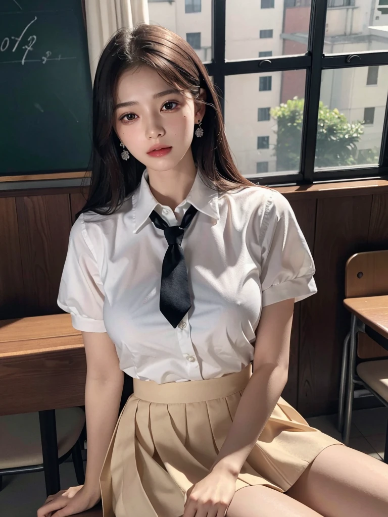 absurdres, RAW photo, extremely delicate and beautiful, masterpiece, Best Quality, ultra high resolution, 32k, hyperrealistic, ultra-detailed, delicate facial features, tearful mole, earring, very huge round breasts, medium hair, asymmetrical hair, full body shot, indoor, short skirt, (school_uniform:1.2),