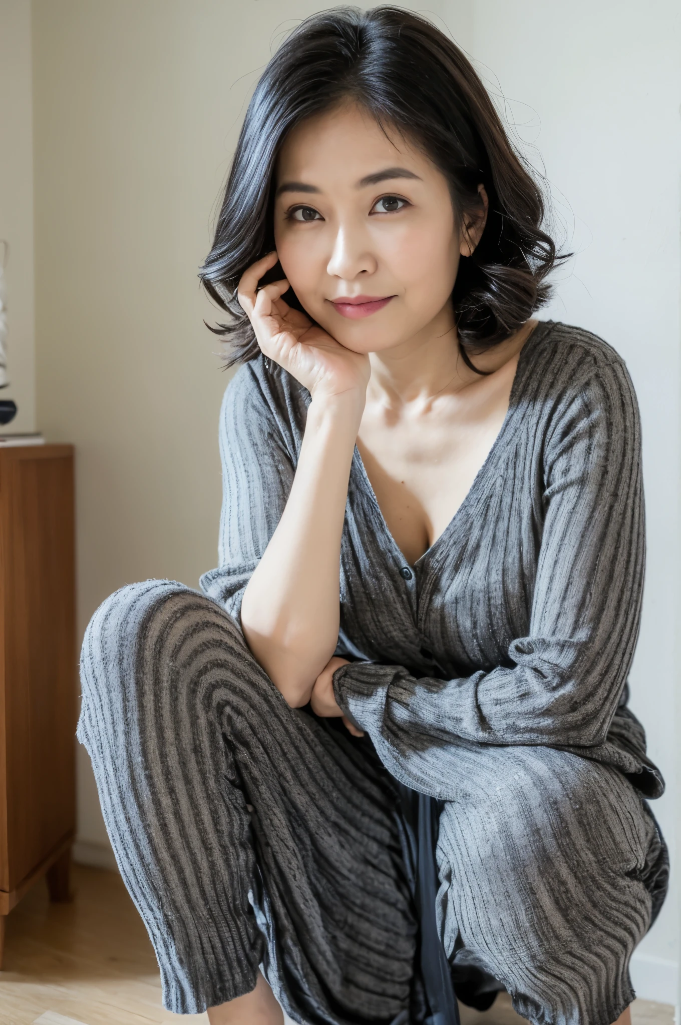 ((Best Quality, 8k, Masterpiece, Portrait: 1.3)), (looking at viewer),Photorealistic, Sharp Focus, Solo, Japan Milf, Beauty, Clothes with Cleavage View, 30 Years Old, Wavy Hair, Wrinkles at the Corners of the Eyes, ((Open your legs wide:1.5, Sit one knee up:1.5, show crotch)), (loose waist:0.5), darkness nobody room,
