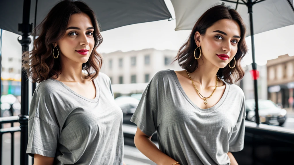 (RAW photo, realism: 1.8), (dark lip gloss, light red lipstick, many eyelashes, black eye shadow, shy, blushing, high quality, high resolution, depth of field, chromatic aberration, caustic, wide light, natural colors, 25 year old woman), thin gold chain, small earrings, gold bracelets, wear many accessories, large breasts, style A good woman,
((Best Quality, 8k, Masterpiece:1.3)), Focus: 1.2, Perfect Body Beauty: 1.4, Arabian 25 years old woman: 1.2, ((Bob cut curly Hairs)), (steel gray baggy basic tee-shirt:1.1), Steel gray basic full body length tee-shirt, grey skinny damage jeans, long jeans: 1.1, Highly detailed face and skin texture, Detailed eyes, Double eyelids, toned body, Whitened skin, smile, large breasts, toned legs, beautiful detailed feets, long heel's, detailed feets and fingers, perfect feet's, toned legs, whitened skin, detailed sharp eyes and face, middle eastern woman, steel gray baggy basic tee-shirt, simple plain Baggy Tee-shirt, toned hips, 8K UHD, thin gold chain in neck, model looks, standing at carrying brown leather hand bag, rainy weather, wearing wrist watch, bracelet, bangle's open legs style Posing, rainy day, rainy atmosphere, night life, roads and traffic, standing at street side, traffic rush, buses