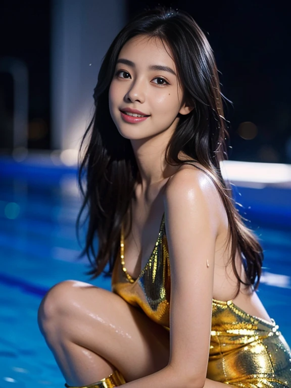 Latex bodysuit、Knee-high boots、Huge 、Long brown hair、Shiny, Oily skin、Glowing Skin、Indoor competition pool、White skin、 Body Portrait, 8k, Narrow and beautiful eyes, Dindal effect, masterpiece, 最high quality, high quality, High resolution, Very detailed写真, (Natural skin texture, Fine skin, Hyperrealism, Ultra Sharpness) , Skin with attention to detail, (Very fine, Fine skin texture, Intricate details, Beautiful Face, (A vivid face), Realistic eyes, Beautiful and detailed, Realistic Skin, Beautiful Skin, Surreal, Very detailed, Golden Ratio, Smiling Eyes, ((Night moonlight background)), Body Portrait, glamorous, Shinyボディスーツ