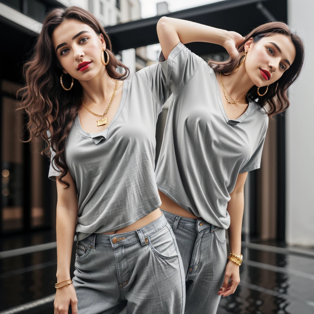 (RAW photo, realism: 1.8), (dark lip gloss, light red lipstick, many eyelashes, black eye shadow, shy, blushing, high quality, high resolution, depth of field, chromatic aberration, caustic, wide light, natural colors, 25 year old woman), thin gold chain, small earrings, gold bracelets, wear many accessories, large breasts, style A good woman, ((Best Quality, 8k, Masterpiece:1.3)), Focus: 1.2, Perfect Body Beauty: 1.4, Arabian 25 years old woman: 1.2, ((Bob cut curly Hairs)), (steel gray baggy basic tee-shirt:1.1), Steel gray basic full body length tee-shirt, grey skinny damage jeans, long jeans: 1.1, Highly detailed face and skin texture, Detailed eyes, Double eyelids, toned body, Whitened skin, smile, large breasts, toned legs, beautiful detailed feets, long heel's, detailed feets and fingers, perfect feet's, toned legs, whitened skin, detailed sharp eyes and face, middle eastern woman, steel gray baggy basic tee-shirt, simple plain Baggy Tee-shirt, toned hips, 8K UHD, thin gold chain in neck, model looks, standing at carrying brown leather hand bag, rainy weather, wearing wrist watch, bracelet, bangle's open legs style Posing, rainy day, rainy atmosphere, night life, roads and traffic, standing at street side, traffic rush, buses