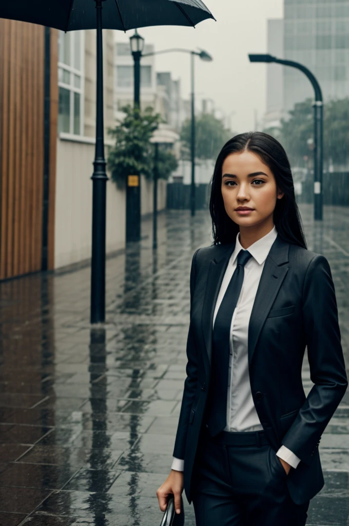 Girl in the rain in a formal suit