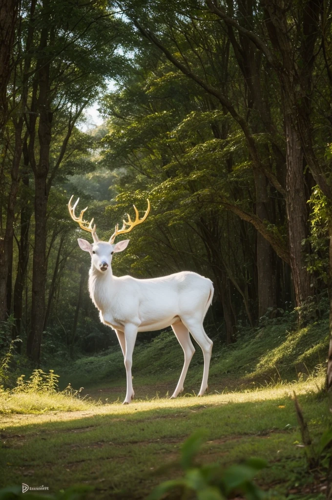 white deer, with shining golden horns, em uma floresta a noite