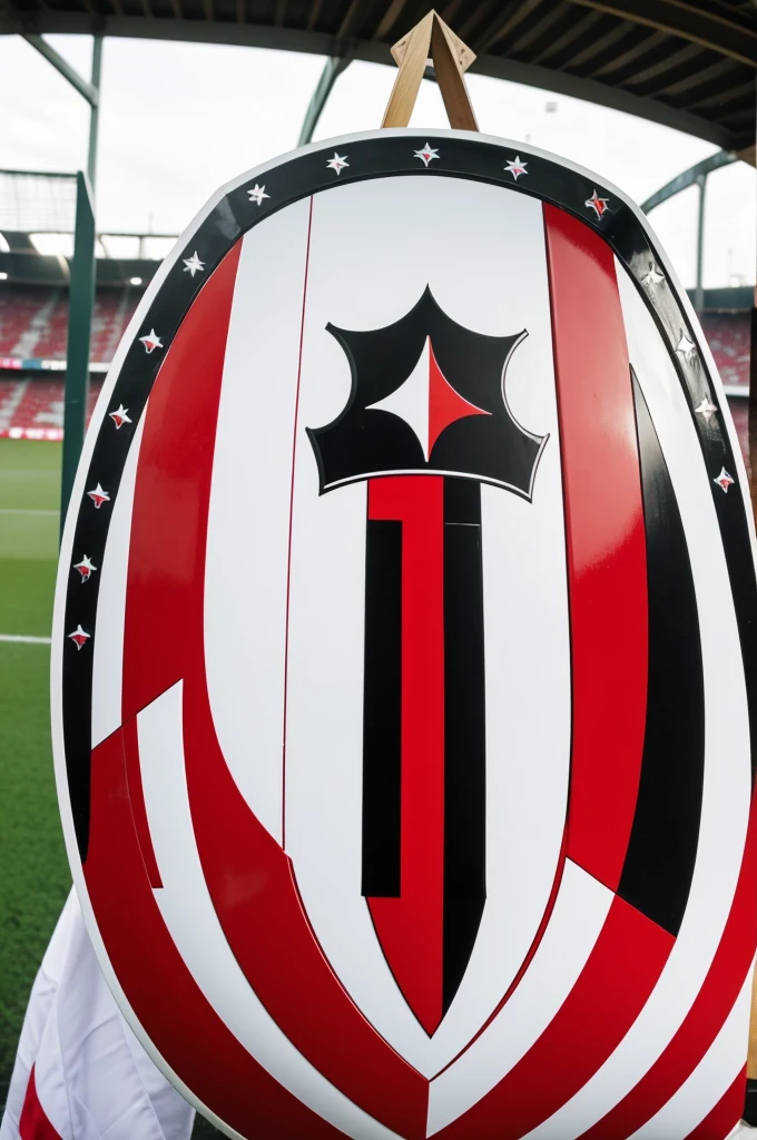 Make me a soccer shield called "milan" that has red and white vertical stripes.