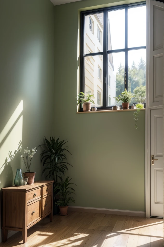 Create a background from within a modest home. In this background there may be plants, windows passing light on the right side. In the background, there cannot be any furniture behind it, just a very beautiful wall..