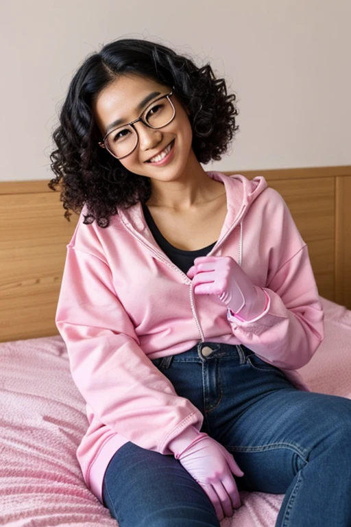 A Japanese woman with glasses and black hair in a shaved style, wearing a sweatshirt and jeans, lying on her bed in her room and wearing large pink rubber gloves and smiling gently
