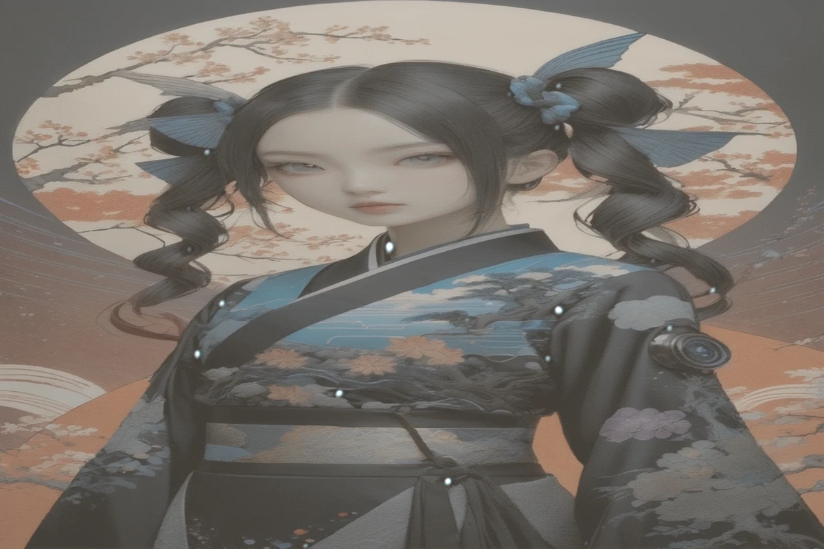 twin tail, Beautiful harmony of dark colors, Gothic cyberpunk, A magical combination with ukiyo-e., Create a magical view of the universe with a transparent holographic coating., BREAK professional spraying work, The texture is detailed and complex., Detailed and complex brushwork, The descriptions are detailed and clear., Anatomically correct, Ridiculous aesthetics, BREAK HIGHEST QUALITY, highest resolution, Octane rendering, advanced retinal vision, The person is on the left side., There is a beautiful view in the middle.