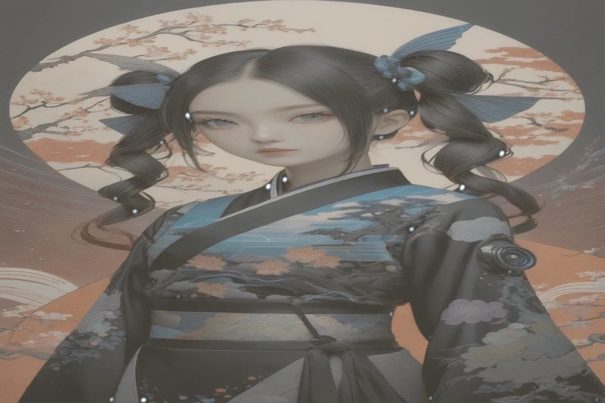 twin tail, Beautiful harmony of dark colors, Gothic cyberpunk, A magical combination with ukiyo-e., Create a magical view of the universe with a transparent holographic coating., BREAK professional spraying work, The texture is detailed and complex., Detailed and complex brushwork, The descriptions are detailed and clear., Anatomically correct, Ridiculous aesthetics, BREAK HIGHEST QUALITY, highest resolution, Octane rendering, advanced retinal vision, The person is on the left side., There is a beautiful view in the middle.