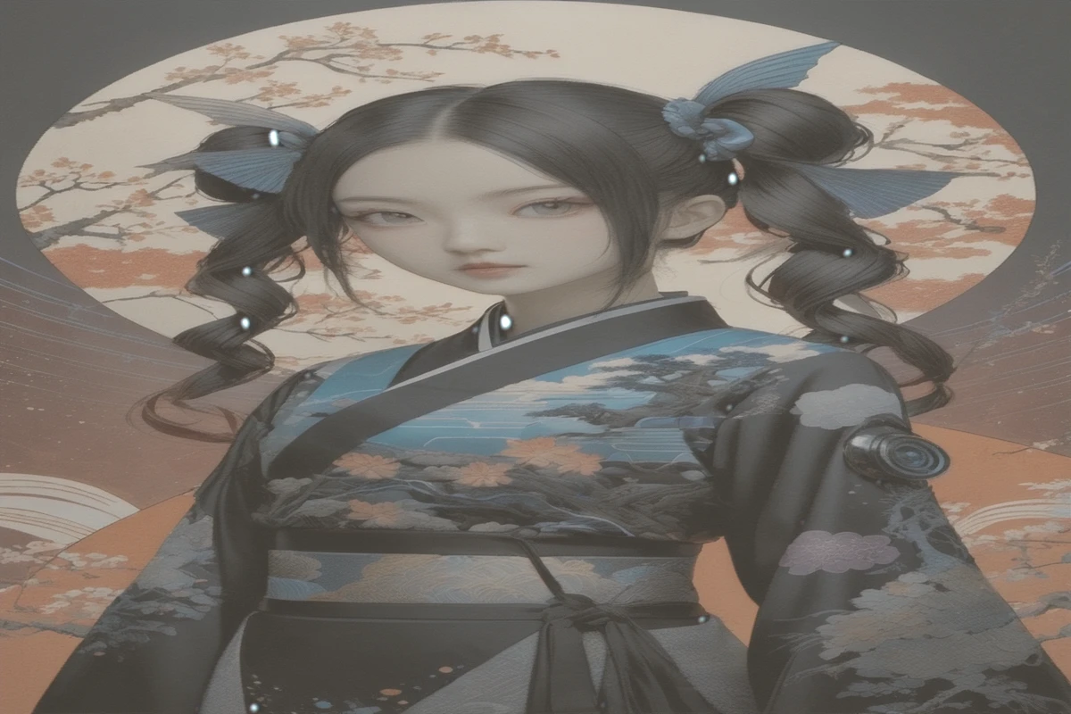 twin tail, Beautiful harmony of dark colors, Gothic cyberpunk, A magical combination with ukiyo-e., Create a magical view of the universe with a transparent holographic coating., BREAK professional spraying work, The texture is detailed and complex., Detailed and complex brushwork, The descriptions are detailed and clear., Anatomically correct, Ridiculous aesthetics, BREAK HIGHEST QUALITY, highest resolution, Octane rendering, advanced retinal vision, The person is on the left side., There is a beautiful view in the middle.