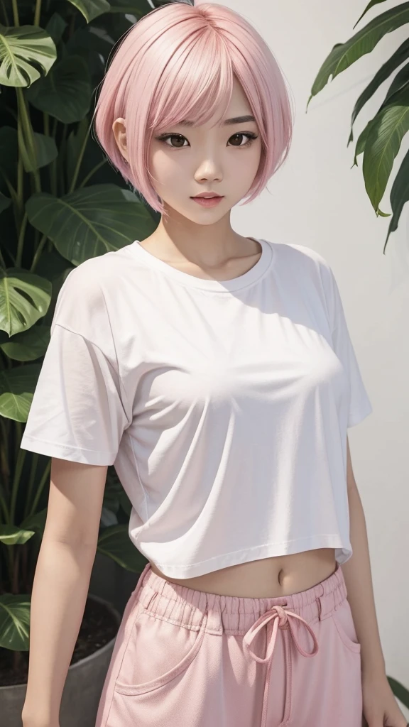 A young woman with Thai-Chinese appearance, white skin, short pink hair, wearing a loose white t-shirt with the message 'Sitthihanpapa' on it, white shorts. Lying on a Japanese wooden platform Enjoy the peaceful atmosphere in the cool Japanese garden. and quiet maple trees With the sun shining through the bamboo leaves, casting red shadows all over. Gives a feeling of calm and comfort. High resolution images of 150 megapixels.
