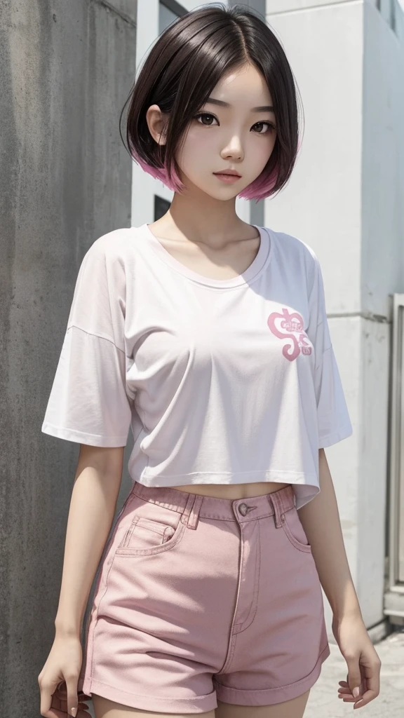 A young woman with Thai-Chinese appearance, white skin, short pink hair, wearing a loose white t-shirt with the message 'Sitthihanpapa' on it, white shorts. Lying on a Japanese wooden platform Enjoy the peaceful atmosphere in the cool Japanese garden. and quiet maple trees With the sun shining through the bamboo leaves, casting red shadows all over. Gives a feeling of calm and comfort. High resolution images of 150 megapixels.