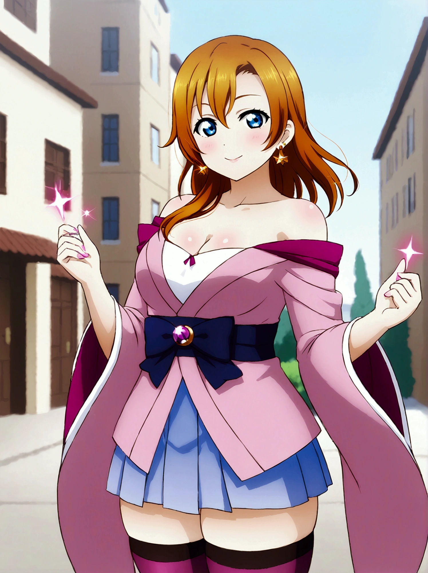 (Masterpiece, Best Quality, High Quality), professional artwork, well drawn, Intricate Details,solo,in village
Kousaka honoka, afternoon
, ultra detail hair, ultra detail face, perfect eyes, earring, Looking at Viewer, pink clothes , off shoulder kimono, cleavage, thighhighs, (thicc thighs), thighs gap,dark orange hair , standing