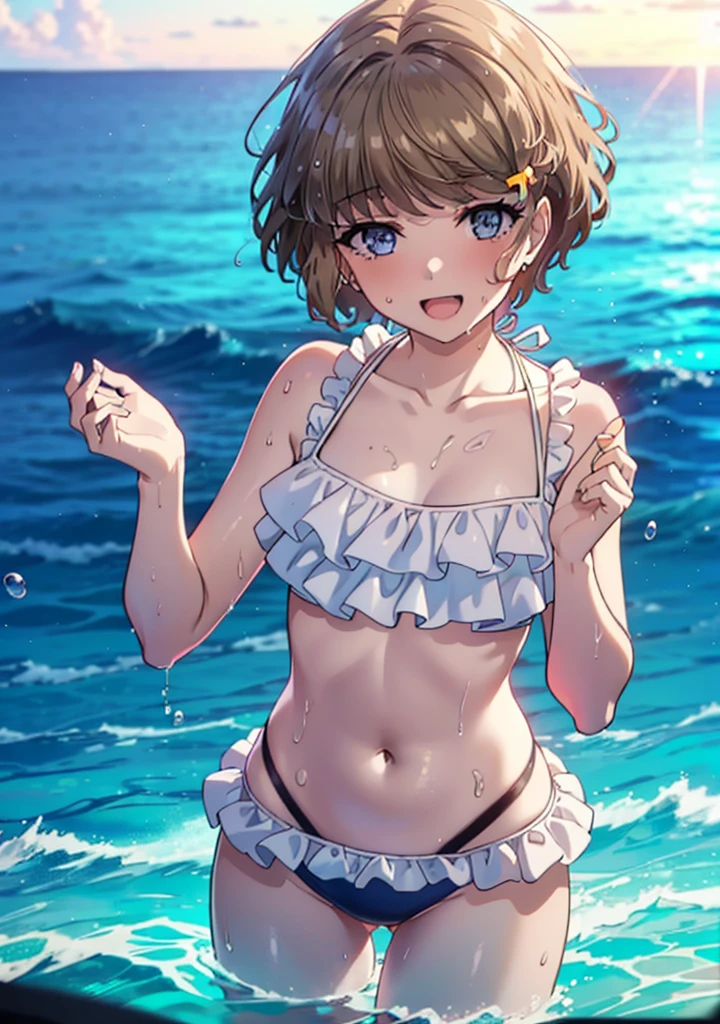 tomoekoga, Chie Koga, short hair, Brown Hair, blue eyes, Hair Clip,Bikini swimsuit with ruffles,barefoot,Water Play,Wet Skin,Wet Hair,Wet swimsuit,happy smile, smile, Open your mouth,
break outdoors, Ocean,
break looking at viewer,Upper Body, (Cowboy Shot:1.5),
break (masterpiece:1.2), Highest quality, High resolution, unity 8k wallpaper, (figure:0.8), (Beautiful attention to detail:1.6), Highly detailed face, Perfect lighting, Highly detailed CG, (Perfect hands, Perfect Anatomy),