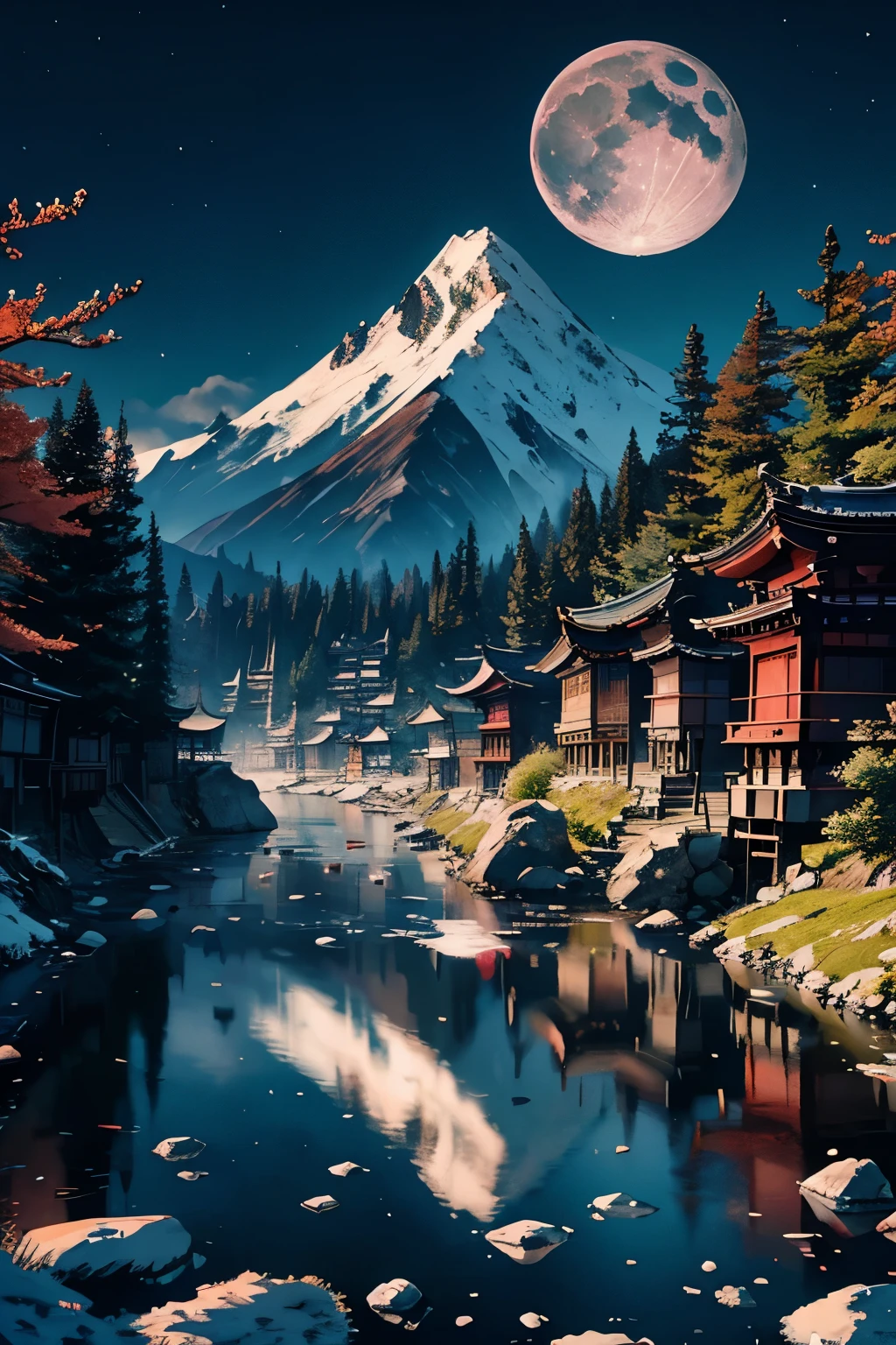 arctic fox。Fushimi Inari Shrine。High resolution、High resolution、8k、Background is mountains and the moon。Masterpiece 2: