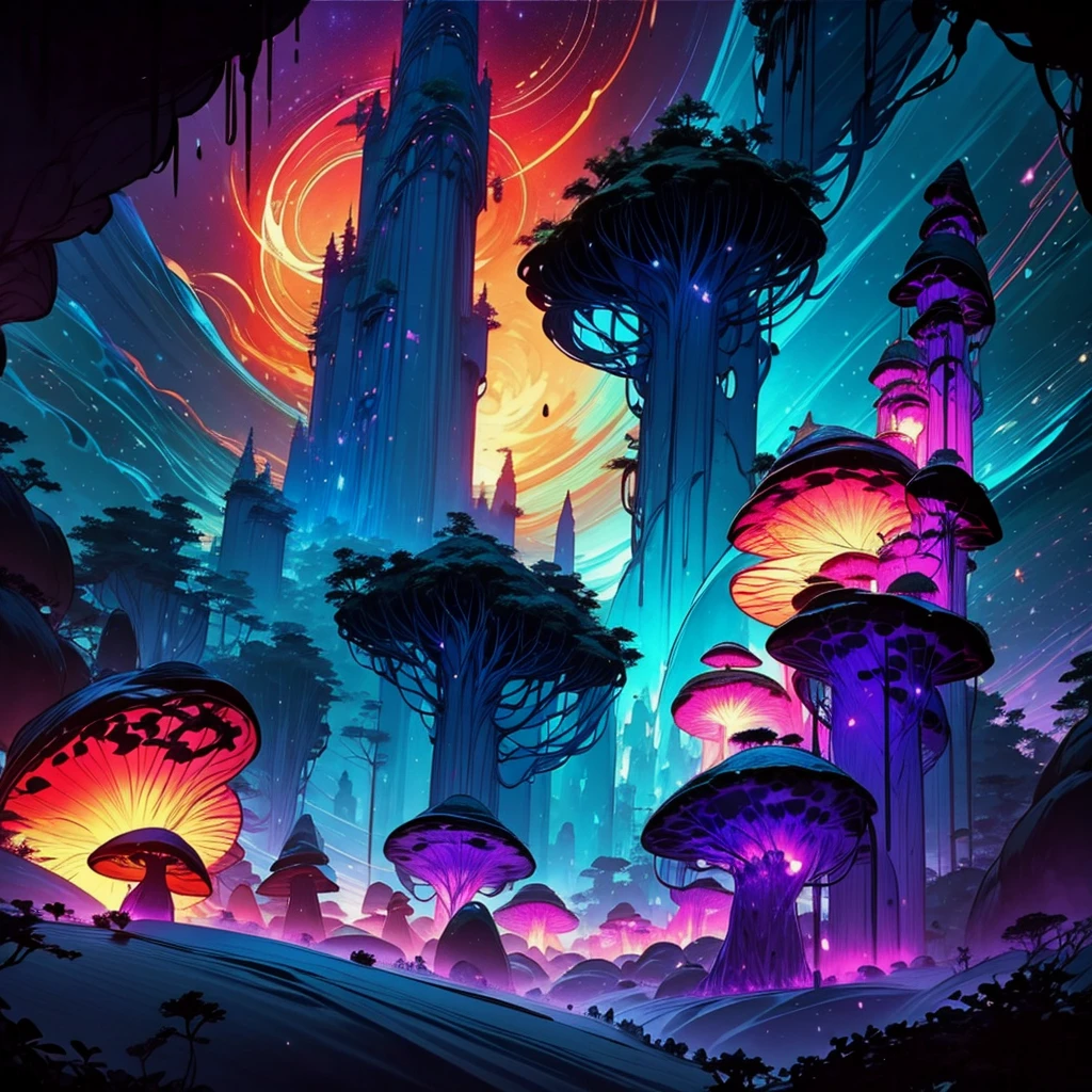 The image should evoke an atmosphere of mystery and magic. Include as mysterious shadows, a dark and vibrant, fantasy, like mystical mushrooms. Imagine an enchanted forest or an ancient castle. 