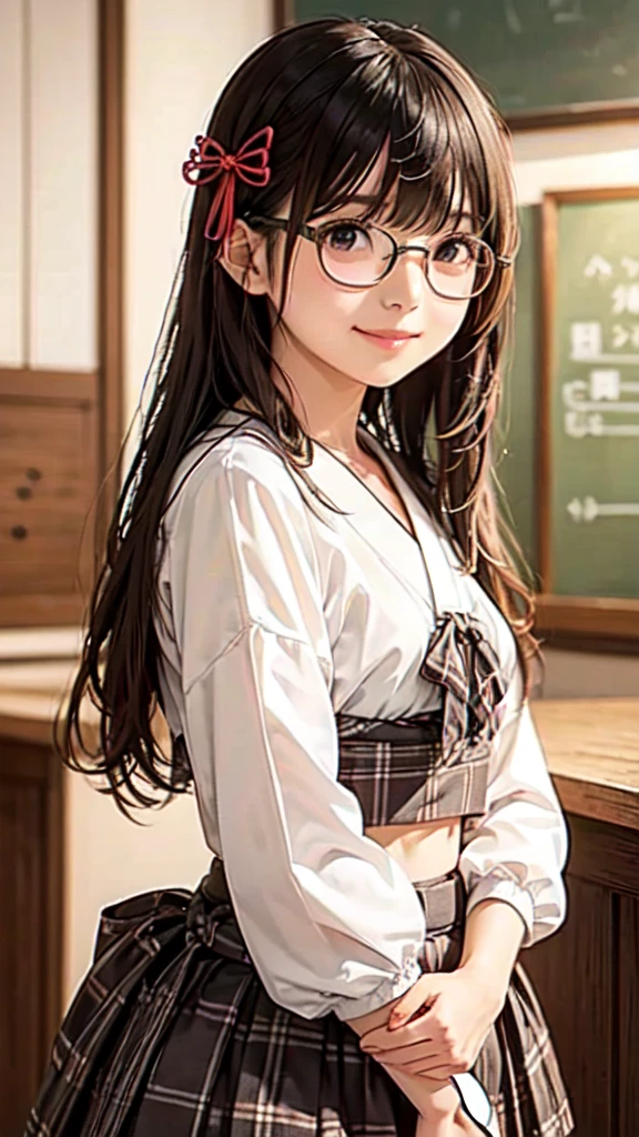 very cute and beautiful girl,(Very detailed美しい顔),(((A very cute face like a top Japanese idol)))、White blouse,ribbon,(Pleated check mini skirt),
Black Hair,Wooden classroom,
(Highest quality,masterpiece:1.0),Absurd,High resolution,Very detailed,Detailed Background,Composition from the front,Semi-long hair、(((looking at the camera)))、(((upper body shot)))、smile、Glasses