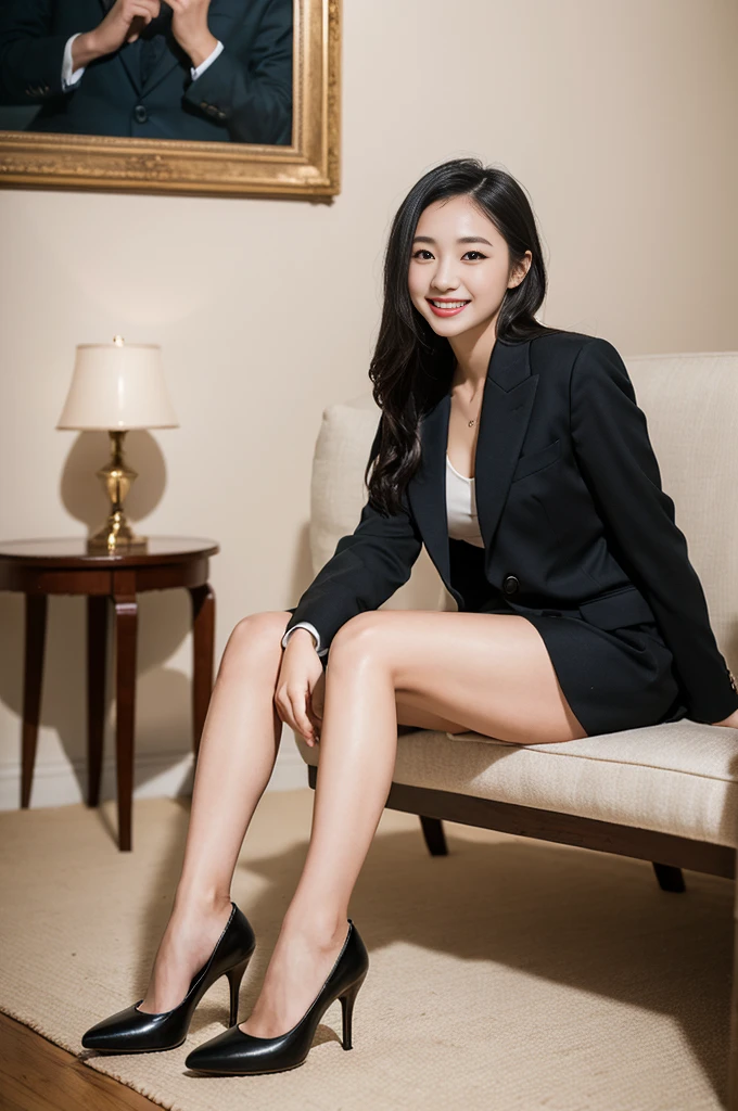 Pure Japanese young girl, outstanding body, beautiful legs, wearing formal suits, high heels, vivid makeup and lips, thick eyebrows, formal black hair styles, sweet smile, professional portrait photography, sitting in bright room,