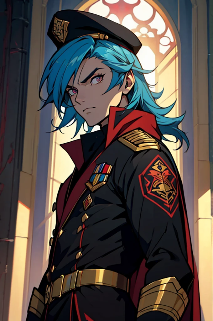 captain, black uniform, gold rank insignia, red cloak, black captain's hat, black boots, anime, Art Deco, Gothic art, anime style, anatomically correct, masterpiece, high details, high quality, beautifully detailed eyes, captivating gaze, vivid colors, skillfully executed lighting, studio lighting techniques bringing out the man's features and the overall mood of the scene,sky blue hair,dynamic angle,dynamic pose,