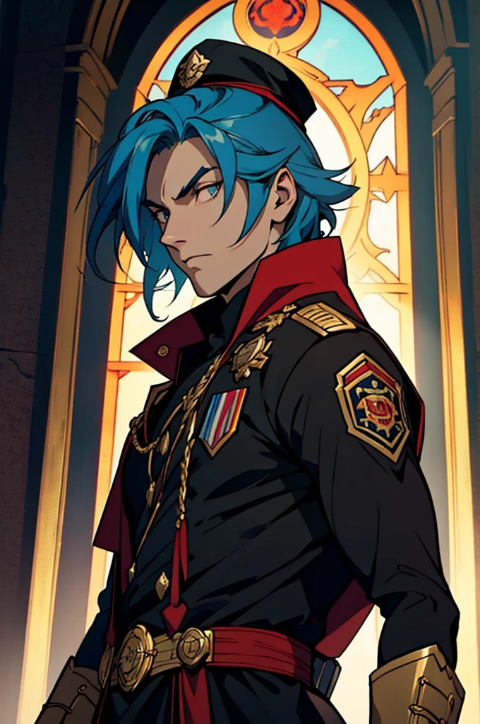 captain, black uniform, gold rank insignia, red cloak, black captain's hat, black boots, anime, Art Deco, Gothic art, anime style, anatomically correct, masterpiece, high details, high quality, beautifully detailed eyes, captivating gaze, vivid colors, skillfully executed lighting, studio lighting techniques bringing out the man's features and the overall mood of the scene,sky blue hair,dynamic angle,dynamic pose,