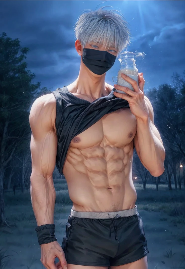 1boy, adult, handsome, perfect face, detailed eyes and face, clean shaved, muscular, capturing a rural atmosphere, dynamic lighting, unreal engine 5, hd picture, satoru gojo, white hair, short hair ,hair between eyes ,blue eyes, white skin