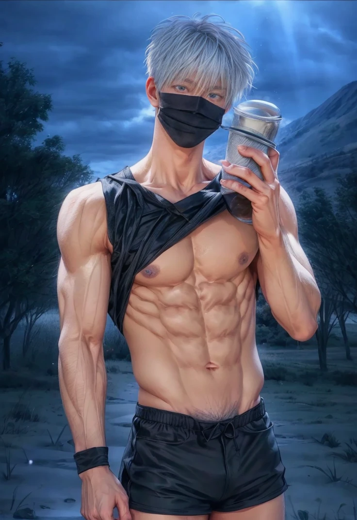 1boy, adult, handsome, perfect face, detailed eyes and face, clean shaved, muscular, capturing a rural atmosphere, dynamic lighting, unreal engine 5, hd picture, satoru gojo, white hair, short hair ,hair between eyes ,blue eyes, white skin
