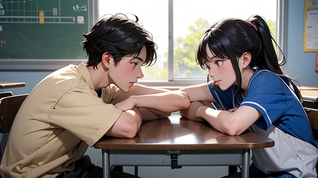 The background is a classroom with a bright, school atmosphere; two teenage boys and girls are facing each other, happily conversing.