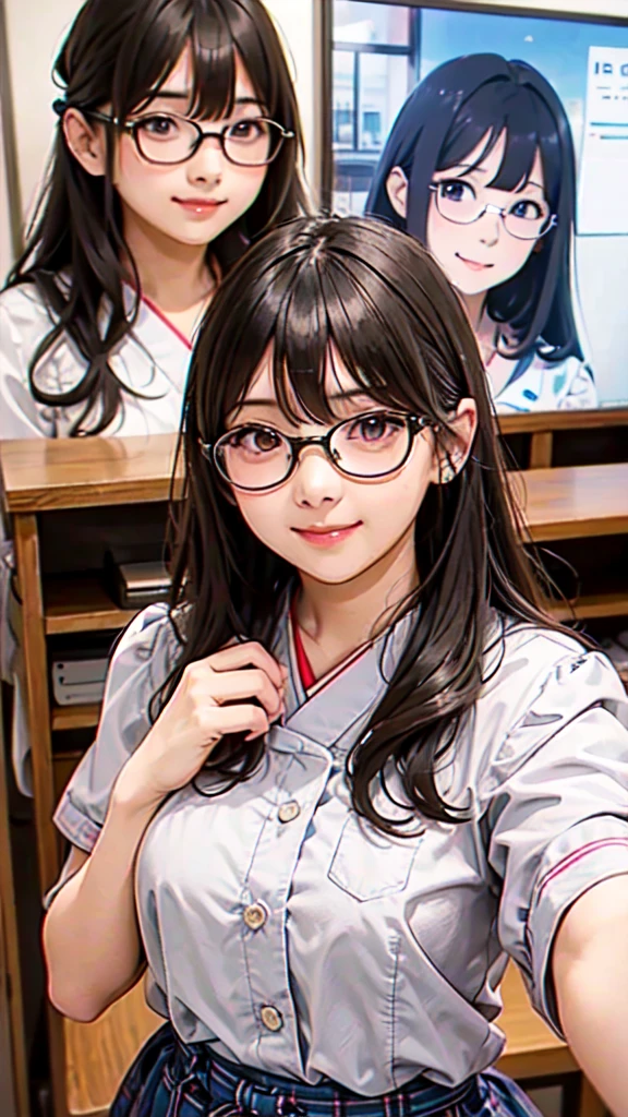 very cute and beautiful girl,(Very detailed美しい顔),(((A very cute face like a top Japanese idol)))、White blouse,ribbon,(Pleated check mini skirt),
Black Hair,Wooden classroom,
(Highest quality,masterpiece:1.0),Absurd,High resolution,Very detailed,Detailed Background,Composition from the front,Semi-long hair、(((looking at the camera)))、(((upper body shot)))、smile、Glasses