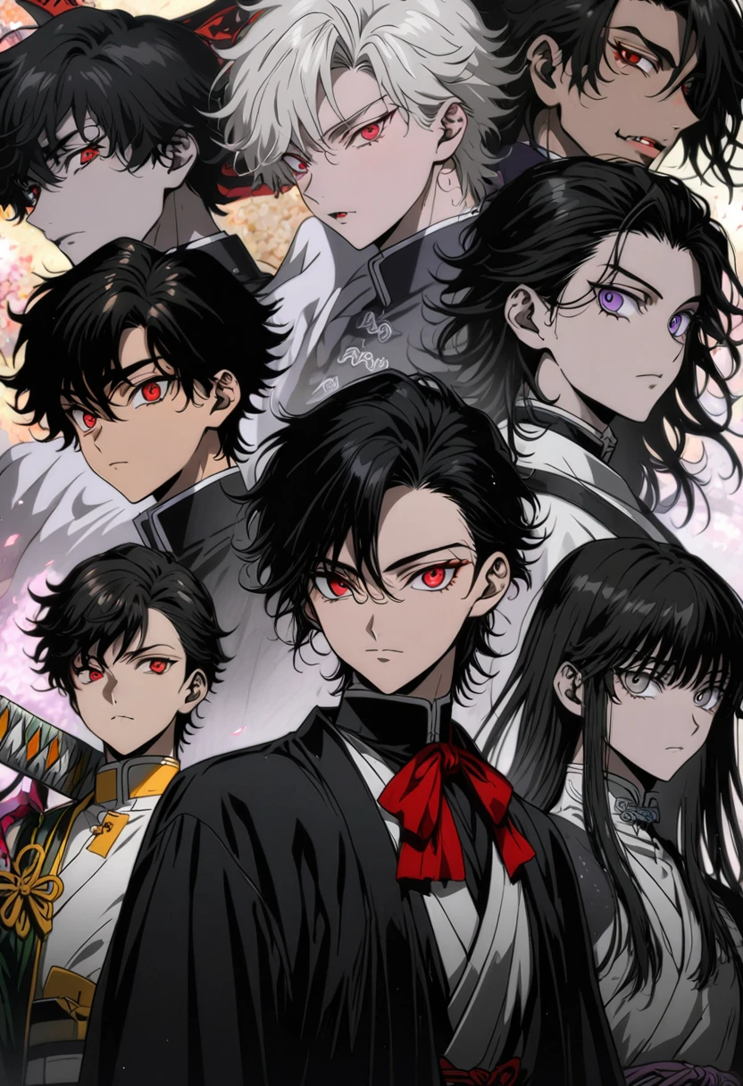 anime, anime boy, anime art, anime, black hair, Red eyes, black hair, black hair, black hair, black hair, black hair, black, Handsome men from Demon Slayer, Handsome Japanese Devil Boy, Alucard, Beautiful androgynous prince, Handsome male vampire, Beautiful male grim reaper, Jan J, A delicate androgynous prince