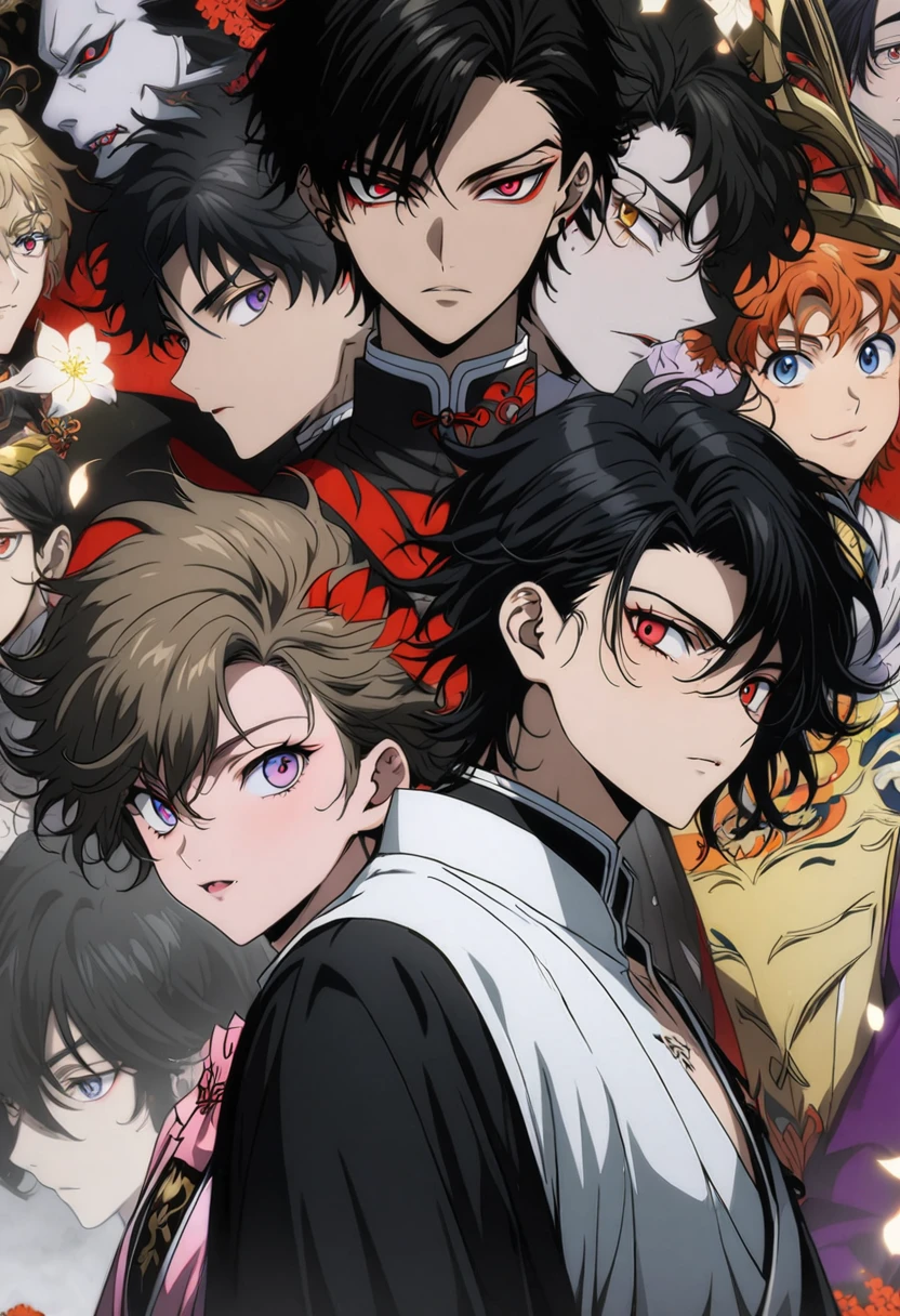 anime, anime boy, anime art, anime, black hair, Red eyes, black hair, black hair, black hair, black hair, black hair, black, Handsome men from Demon Slayer, Handsome Japanese Devil Boy, Alucard, Beautiful androgynous prince, Handsome male vampire, Beautiful male grim reaper, Jan J, A delicate androgynous prince