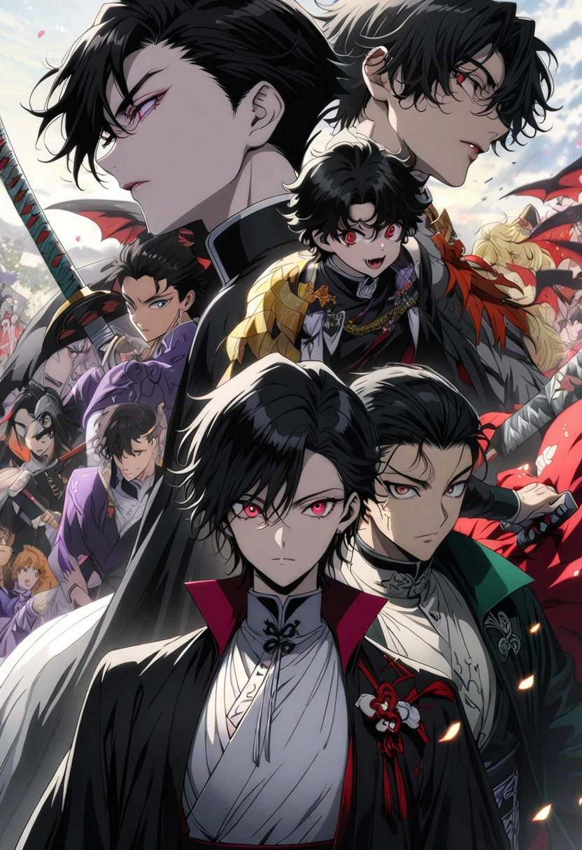 anime, anime boy, anime art, anime, black hair, Red eyes, black hair, black hair, black hair, black hair, black hair, black, Handsome men from Demon Slayer, Handsome Japanese Devil Boy, Alucard, Beautiful androgynous prince, Handsome male vampire, Beautiful male grim reaper, Jan J, A delicate androgynous prince