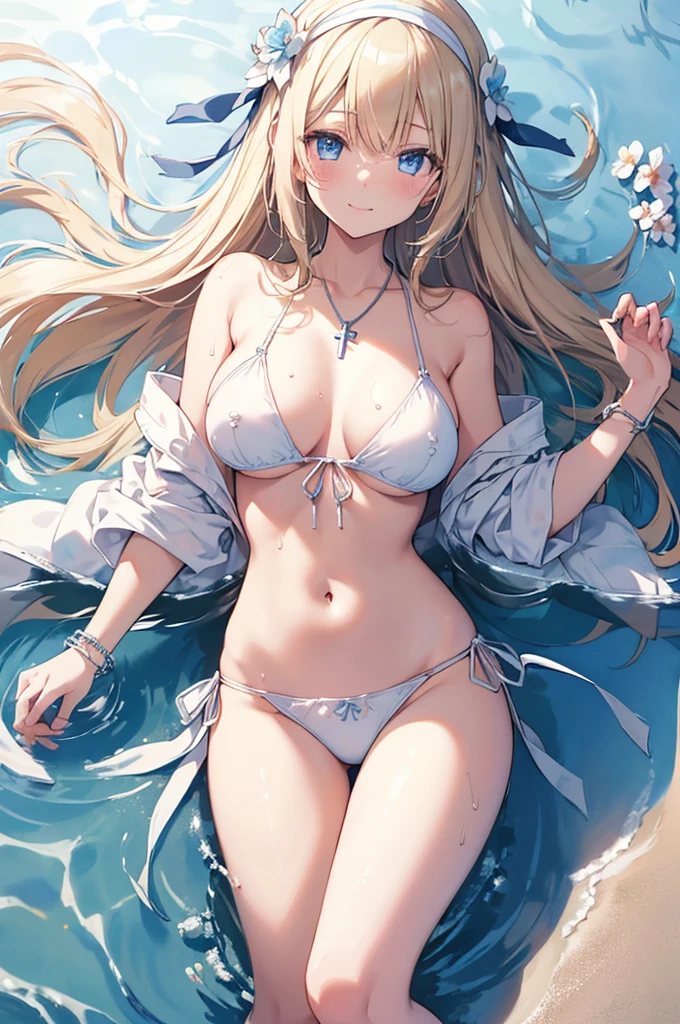 ((girl kawaii)), a extremely delicate and beautiful girl, beautifully painted, cute, sense of digital, best detailed girl, lying on the lake, wet, girl, young, long hair blown up, Hair with flower, (blond hair), cute face, (smile), complex details beautiful and delicate eyes, closed mouth, (large breasts), thighs, (pale blue eyes), (white skin), hairband, cross necklace, Bracelet, (white bikini), cardigan, white Clothes, (beach),( beautiful blue sky and white clouds), bloom effect, (((wallpaper 8k CG))), ((absurdres)), masterpiece,