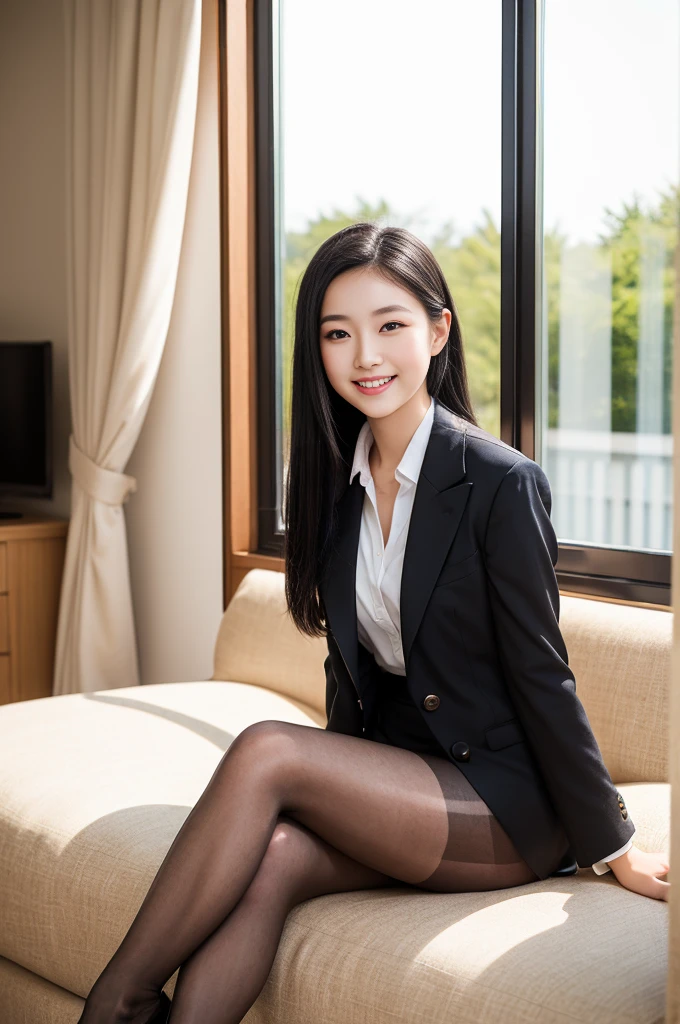 Pure Japanese young girl, outstanding body, beautiful legs, wearing formal suits, pantyhose, high heels, vivid makeup and lips, thick eyebrows, formal black hair styles, sweet smile, professional portrait photography, sitting in bright room, near by bright sunlight window,