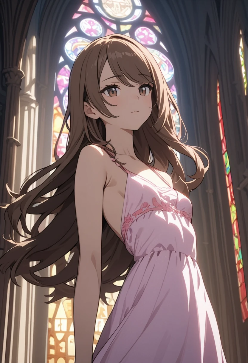 masterpiece, best quality, ultra detailed, 1girl, solo, cel shading, solid outline, ultra detailed face, rim lighting, upper body, very long brown hair, long hair, swept bangs, waist length hair, long bangs that curl, (small breasts:1.5), toned arms, pink summer dress, backless dress, brown belt, cathedral interior, stained glass window, vine wrapped pillar,