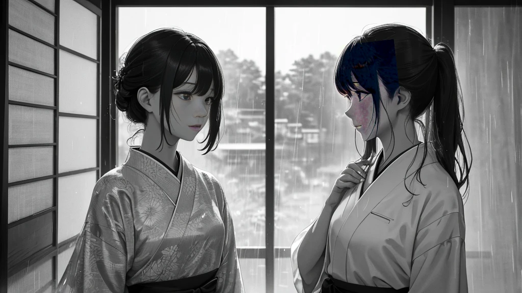 {best quality}, {very aesthetic}, {ultra-detailed}, {8k}, {Super elaborate face}, {Super-smart body},　Japan veranda, Wet day, (Woman looking outside,Behind the scenes), An ennui atmosphere,　Super fine hair, flat chest, 1girl,　Rain outside the window,　back view, Teru Teru Bouzu,