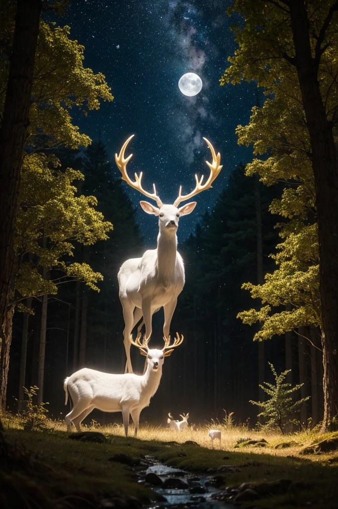 white deer, with shining golden horns, in a forest under the moonlight