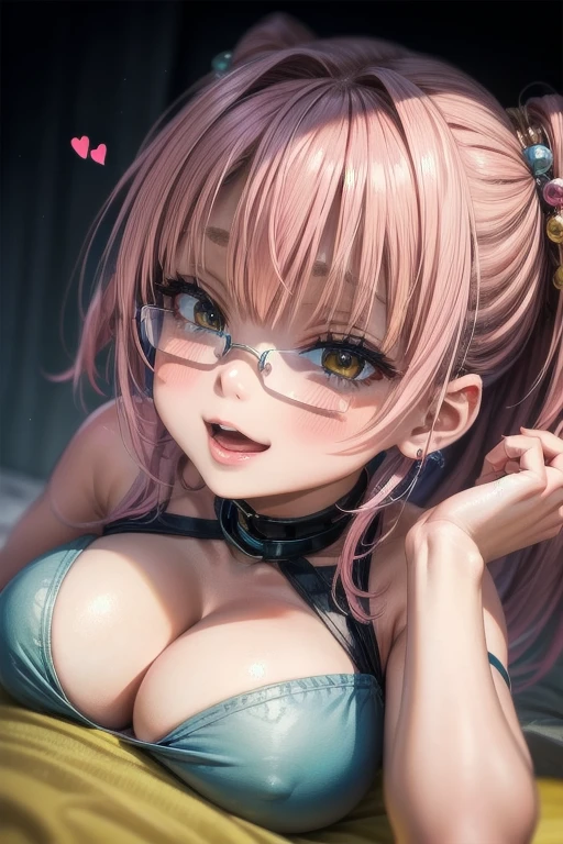 (Tabletop:1.0), (highest quality:1.4), (High resolution:1.2), From the side,Sharp contours, boyish, highest quality, masterpiece,Glasses,Voice of the Heart,20-year-old woman,yandere,Big Breasts,Chest to chest,Lying face down,Upper Body,Ecstasy,saliva,blush,Squint your eyes,Heterochromia iridis,Tuck up your clothes,lure,