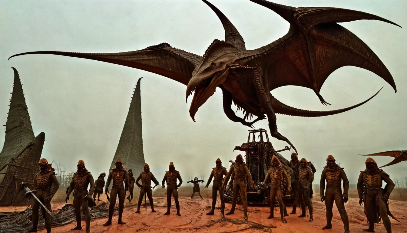in (full shot:3.1) of lot of characters from a movie for slave girls from beyond infinity, inspired by Zdzislaw Beksinski and Wayne Barlowe, futuristic apocalypse, stalenhag, metal album cover, gwar, heavy metal band promo, (flying pterosaur-headed men and women:2.9), (daytime lighting:2.1), (with Creepy, Sci-Fi, Fantasy and Horror:2.9) retro sci fi, Horror movie, very detailed body, moody, epic, directed by Ridley Scott (Cinematic:3.1), horror movie, horrified, terrified, insane, disgusting, disturbing, Impactful, cgsociety, hyper-detailed, digital illusions, cyberspace, photorealistic, arts visuals. Ultra detailed, RAW photo, artstation style, concept art, (masterpiece:2.9), 8k, realistic textures, (3D rendering:3.1)