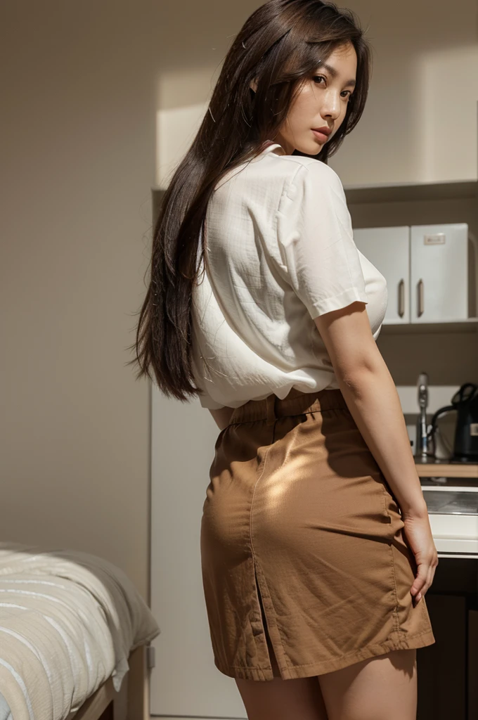 a shot of a beautiful sexy 28 year old asian woman from behind, Dark brown hair, straight hair, clear skin, made up, Brown eyes, big tits, with casual blouse and casual skirt, with the skirt raised, at home, natural lighting and shadows, hyperrealistic, detailed.
