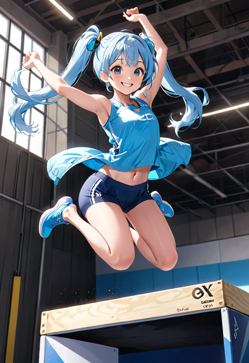 A beautiful girl with long light blue hair and twin tails, Wear gym clothes, Jumping on a vaulting box. Bright smile