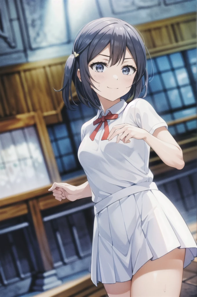 (Highest quality, masterpiece:1.2), One Girl, alone, anime, anime screencap,  Ray Tracing, Global Illumination, ultra hi resolution picture, Bright colors,  Cinematic Light,  Lens flare,  Light on the face, Glowing Eyes,  Written boundary depth, Happy, Detailed Background, cute,  straight, smile, 
 Yuki Setuna，short hair，Sweatかいた手，Sweatかいた足，Sweatかいた指，Sweatかいた体，Sweat垂れる，Sweatびしょ濡れ，顔Sweatだく，Sweatかいたつや肌，髪の毛Sweatだく，hot，手Sweat，足Sweat，素肌Sweat，脇Sweat，White Breath，Sweat臭い，Stuffy smell，とてもSweatかいている，気体からSweat，Sweat(masterpiece:1.4)，Smooth skin，Her bare skin is shining，Sweatの匂い，口Sweat，Shine，Fascinating，ShineSweat，Sweat濡れ，顔Sweatですべすべ，Combat Status，Fighting，Fightingポーズ