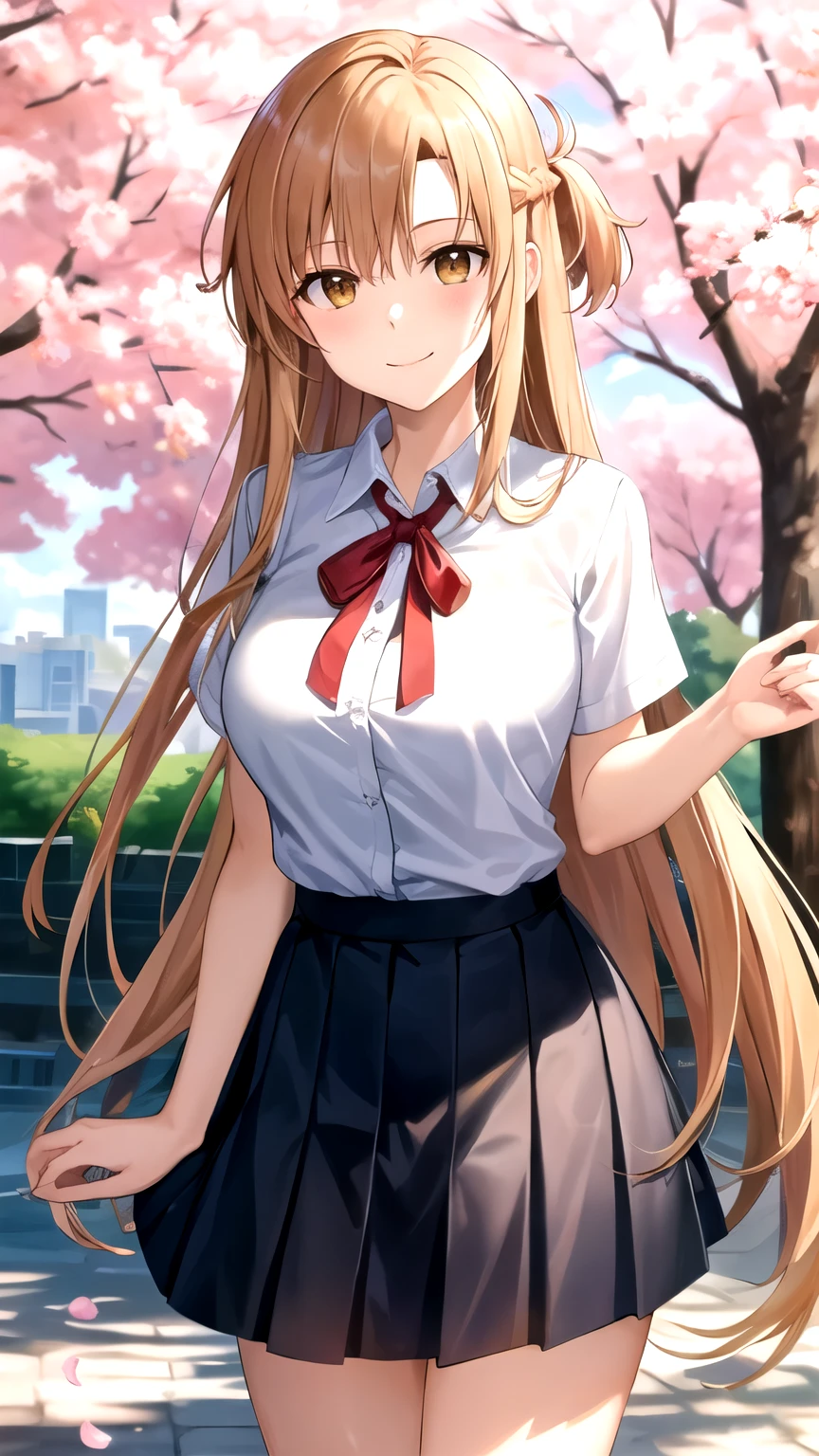 aaasuna,long hair, brown hair, braid, brown eyes,large breasts,,white shirt,short sleeves,pleated skirt,black skirt,red ribbon, neck ribbon,cowboy shot,standing,smile,closed mouth,outdoors,cherry blossoms,lower body,   