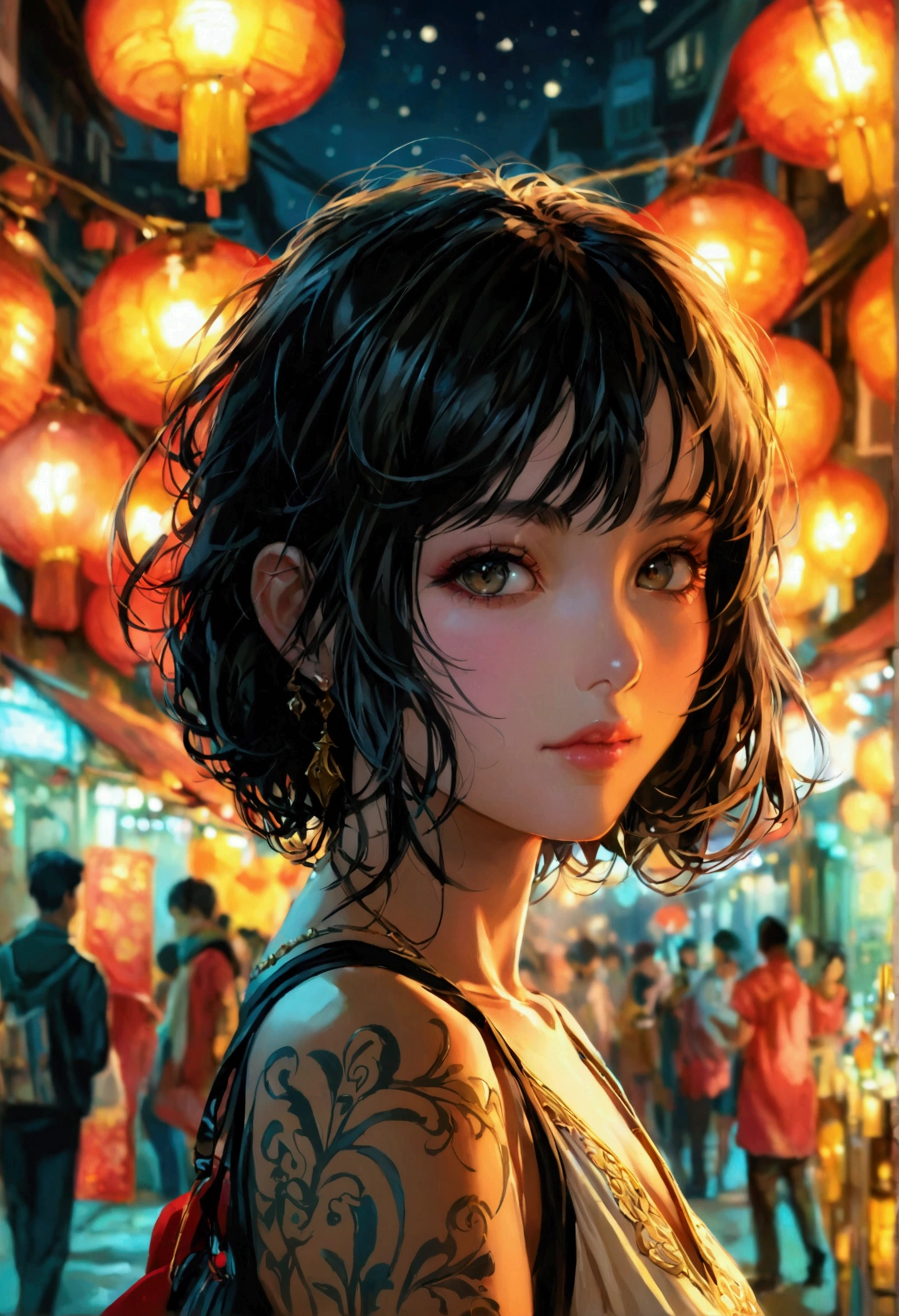 masterpiece, best quality, miranda, (halfbody shot,street lamps,moon),Masterpiece, 1girl, solo exhibition, beautiful woman on the bustling street, surrounded by hawkers, beautiful goddess girl portrait, beautiful and detailed face, porcelain skin, (((bust shot, center, night, black hair, short hair)), super soft lighting, symmetry, complexity, elegance, high detail, realism, art, concept art,
