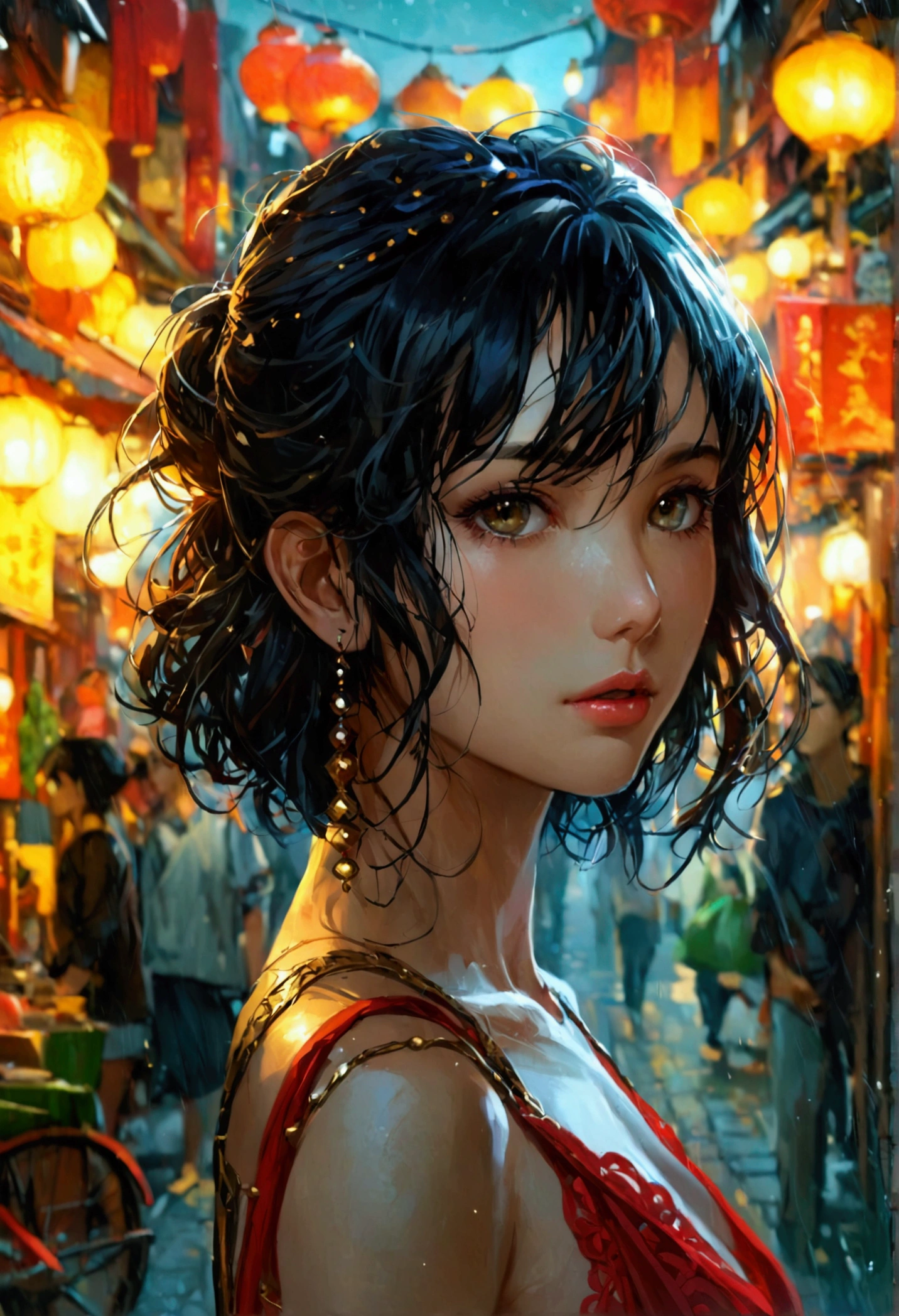 masterpiece, best quality, miranda, (halfbody shot,street lamps,moon),Masterpiece, 1girl, solo exhibition, beautiful woman on the bustling street, surrounded by hawkers, beautiful goddess girl portrait, beautiful and detailed face, porcelain skin, (((bust shot, center, night, black hair, short hair)), super soft lighting, symmetry, complexity, elegance, high detail, realism, art, concept art,