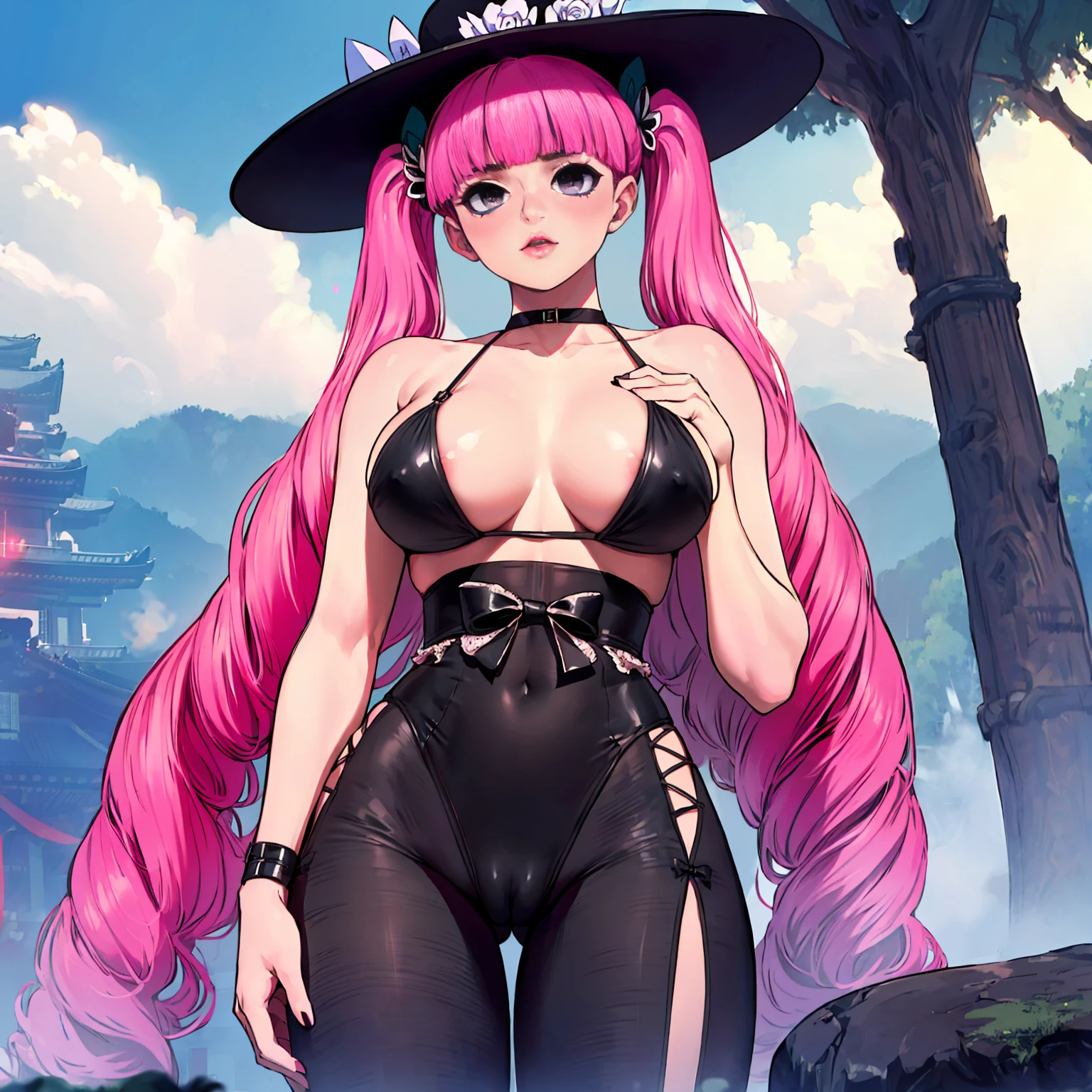 (((solo,1woman, mature, alone))), PeronaChan, ((long hair, pink hair, blunt bangs, twintails, drill hair, glowing black eyes, wide eyes, lipstick, makeup, narrow waist, skinny, medium breasts)), pelvic curtain, ((white bikini, pale skin, Black big hat)), full body, perfect body, (insanely detailed, beautiful detailed face, masterpiece, best quality), (extremely detailed 8k paper CG wall unit: 1.1), (saigyou_ayakashi, bare_tree, cloudy sky, cloud, fog, dusk), cameltoe view, cameltoe, View from above, Diagonal view