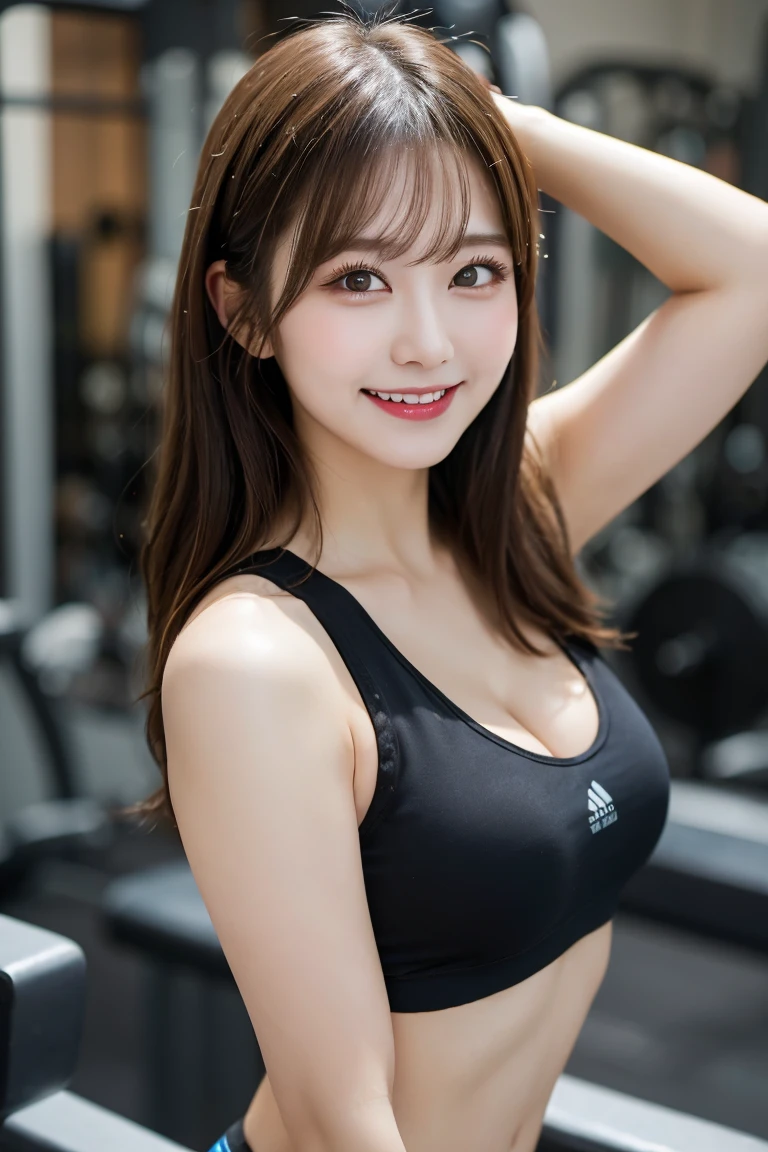 Gym Personal Trainer, Highest quality, shape, Very detailed, In detail, High resolution, 8k wallpaper, Perfect dynamic composition, Beautiful details,  Natural Lip, Gym Wear, Cleavage, She is smiling in a cute pose.., A masterpiece of the whole body, Side Short