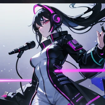 a computer video game with digital character in a futuristic setting with a headset, 1girl, breasts, solo, black hair, purple eyes, v, glasses, underboob, round eyewear, looking at viewer