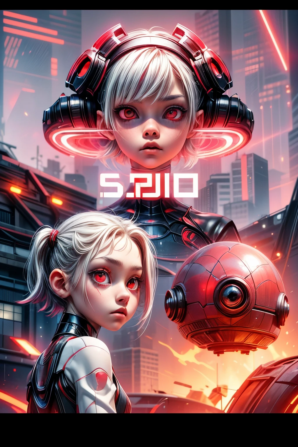 appearence a  girl,red eyes,albino,calm,quiet,cute,pretty,full body,looking ahead,short hair combed back,red outfit,black short,pigtail,spider verse suit,serious look,cyberpunk background 