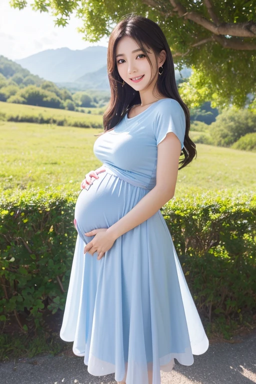 (highest quality、masterpiece、8k、best image quality、hyper realism、Award-winning work)、1 pregnant woman、(独奏:1.1)、(1 photo:1.1)、(Height: 140cm:1.1)、(low length:1.1)、(Lolita:1.1)、(Feminine and girly cute accessories:1.1)、(フェミニンでガーリーな可愛いLolita少女:1.1)、(Elegant pastel light blue T-shirt:1.1)、(Pastel light pink berry long flare skirt:1.1)、(late pregnancy:1.2)、Standing gracefully、(Random beautiful nature scenery background:1.1)、(Spectacular and mysterious scenery:1.1)、(beautiful clear sky:1.1)、(beautiful thunder clouds:1.1)、Full body photo of a woman standing gracefully with the biggest smile looking at me、accurate anatomy、perfect makeup、long eyelashes、glossy lips、Ultra high definition glossy skin、(Ultra-high definition bright and beautiful skin:1.1)、Ultra-high definition glossy lips、Super high definition beautiful teeth