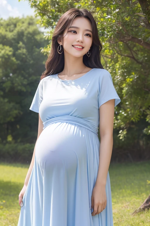 (highest quality、masterpiece、8k、best image quality、hyper realism、Award-winning work)、1 pregnant woman、(独奏:1.1)、(1 photo:1.1)、(Height: 140cm:1.1)、(low length:1.1)、(Lolita:1.1)、(Feminine and girly cute accessories:1.1)、(フェミニンでガーリーな可愛いLolita少女:1.1)、(Elegant pastel light blue T-shirt:1.1)、(Pastel light pink berry long flare skirt:1.1)、(late pregnancy:1.2)、Standing gracefully、(Random beautiful nature scenery background:1.1)、(Spectacular and mysterious scenery:1.1)、(beautiful clear sky:1.1)、(beautiful thunder clouds:1.1)、Full body photo of a woman standing gracefully with the biggest smile looking at me、accurate anatomy、perfect makeup、long eyelashes、glossy lips、Ultra high definition glossy skin、(Ultra-high definition bright and beautiful skin:1.1)、Ultra-high definition glossy lips、Super high definition beautiful teeth