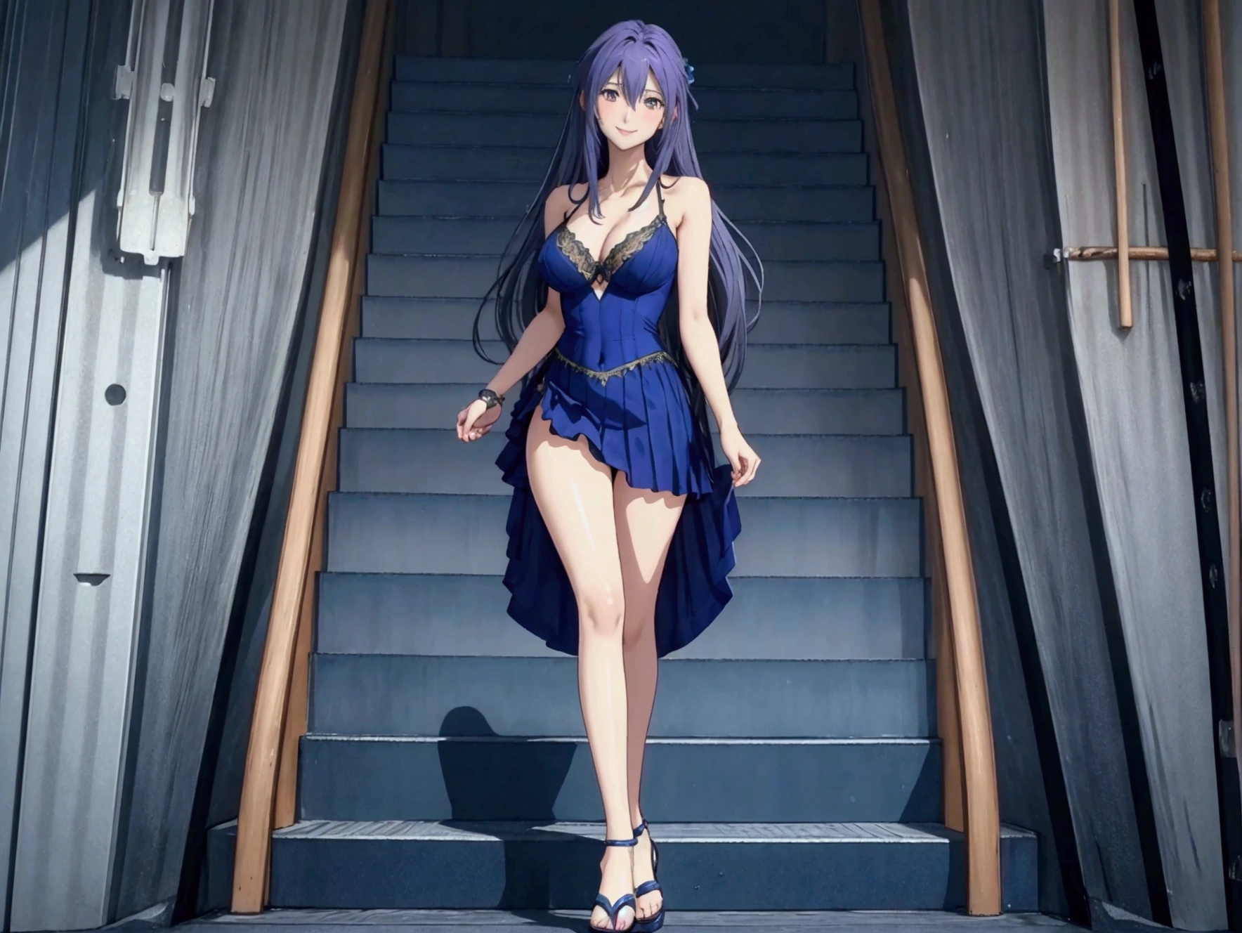 Please draw a full body of a woman.。Similar to Violet Evergarden from the anime、Smooth skin、RAW images、High definition、High resolution、high resolution、Full Body、Toes、Tube top bra、Satin long skirt、Perfect fingertips、Perfect legs先、Perfect legs、Perfect Face、Detailed face、smile、Navy one-piece dress、Sandals、Seaside、juice、Water's Edge、Standing pose、